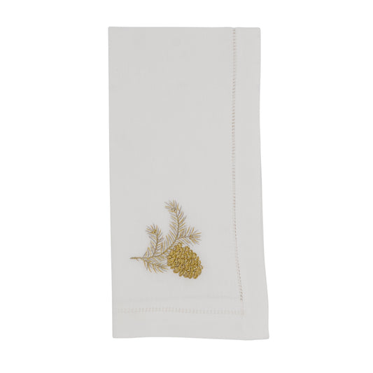 White Embroidered Pine Cone Hemstitch Napkins 100% cotton, 20 Inch Square (6 pcs.)