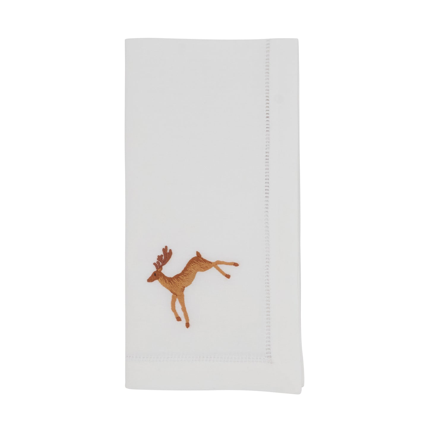White Embroidered Brown Reindeer Hemstitch Napkins 100% cotton, 20 Inch Square (6 pcs.)
