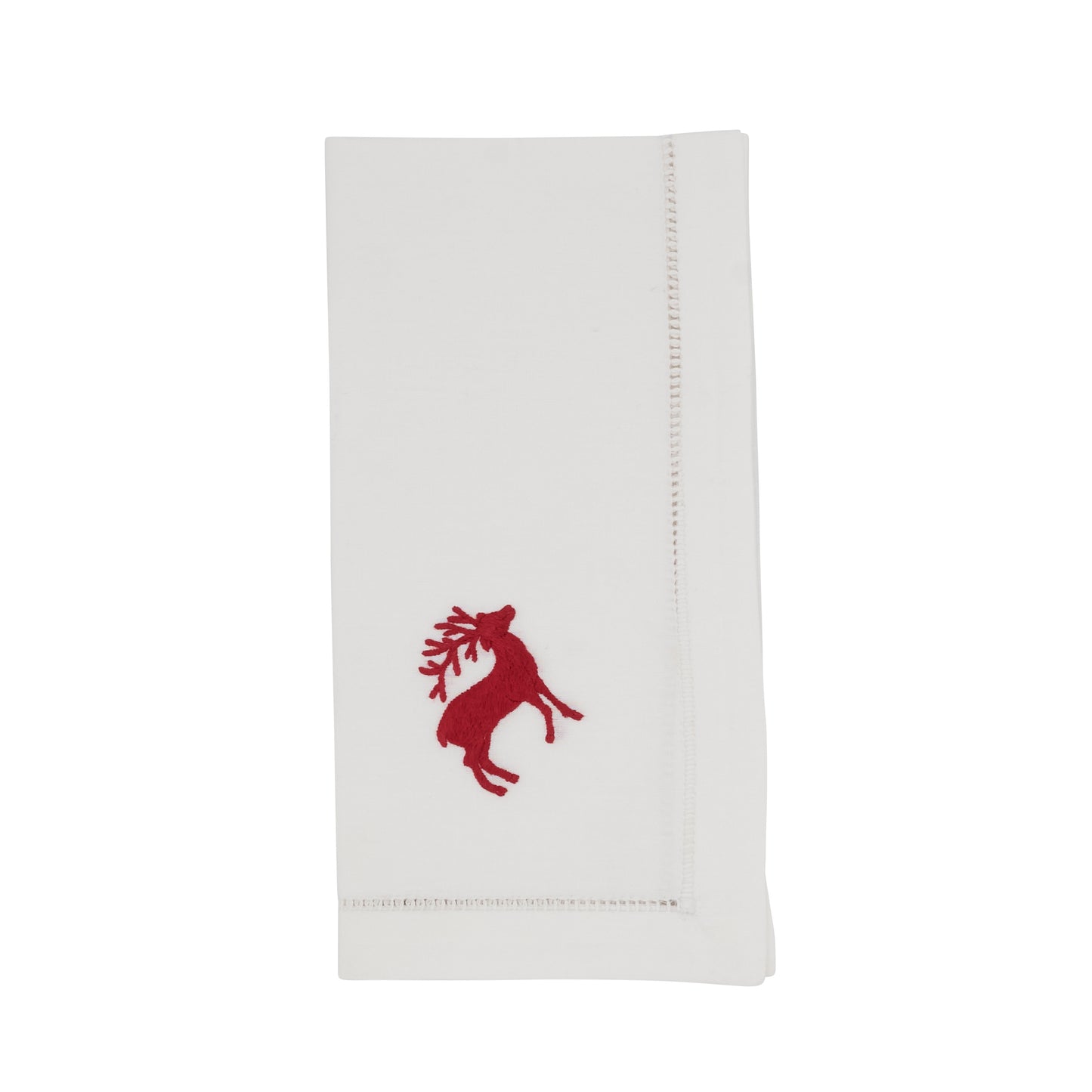 White Embroidered Red Reindeer Hemstitch Napkins 100% cotton, 20 Inch Square (6 pcs.)