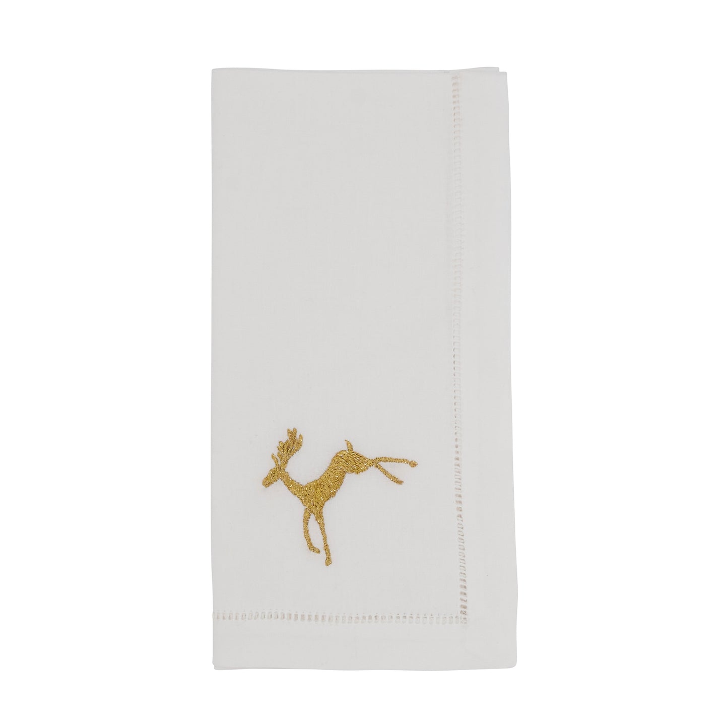 White Embroidered Gold Reindeer Hemstitch Napkins 100% cotton, 20 Inch Square (6 pcs.)