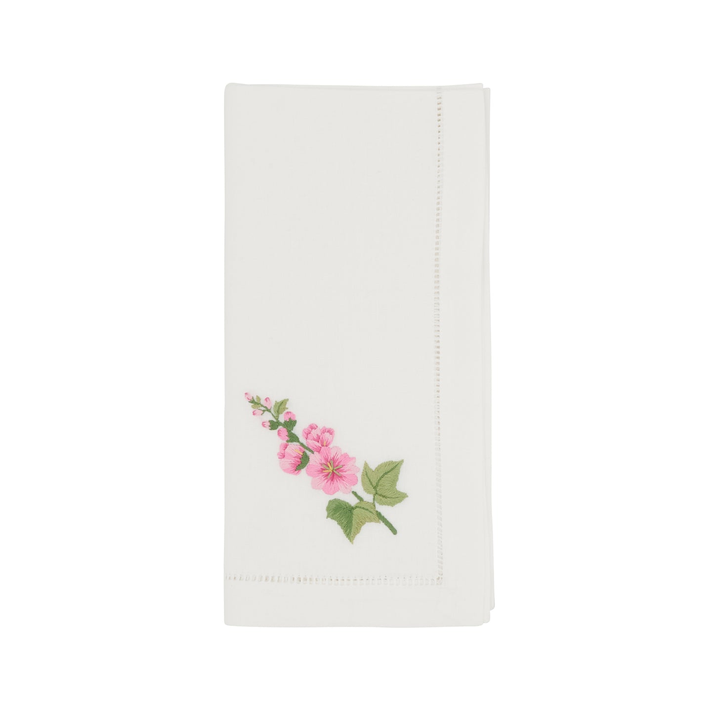White Embroidered Hollyhock Hemstitch Napkins 100% cotton, 20 Inch Square (6 pcs.)