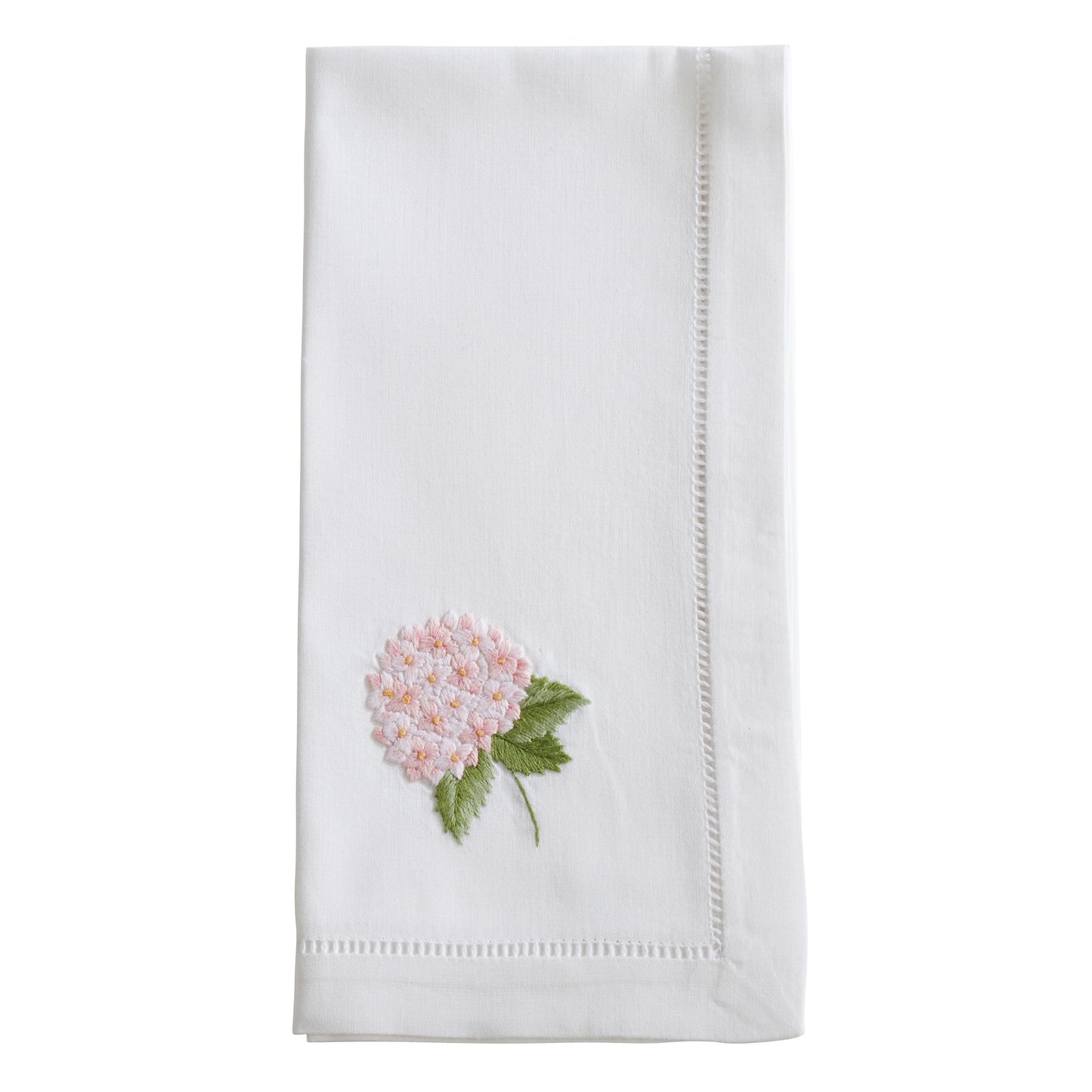 White Embroidered Pink Hydrangea Hemstitch Napkins 100% cotton, 20 Inch Square (6 pcs.)