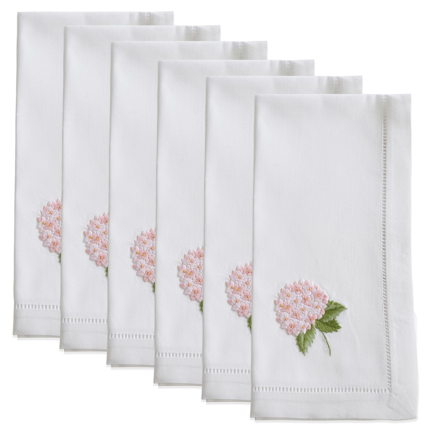 White Embroidered Pink Hydrangea Hemstitch Napkins 100% cotton, 20 Inch Square (6 pcs.)