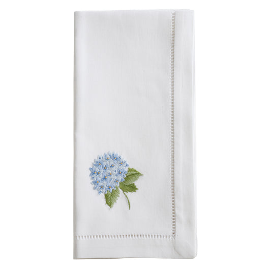 White Embroidered Blue Hydrangea Hemstitch Napkins 100% cotton, 20 Inch Square (6 pcs.)