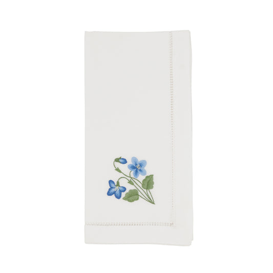 White Embroidered Violet Hemstitch Napkins 100% cotton, 20 Inch Square (6 pcs.)