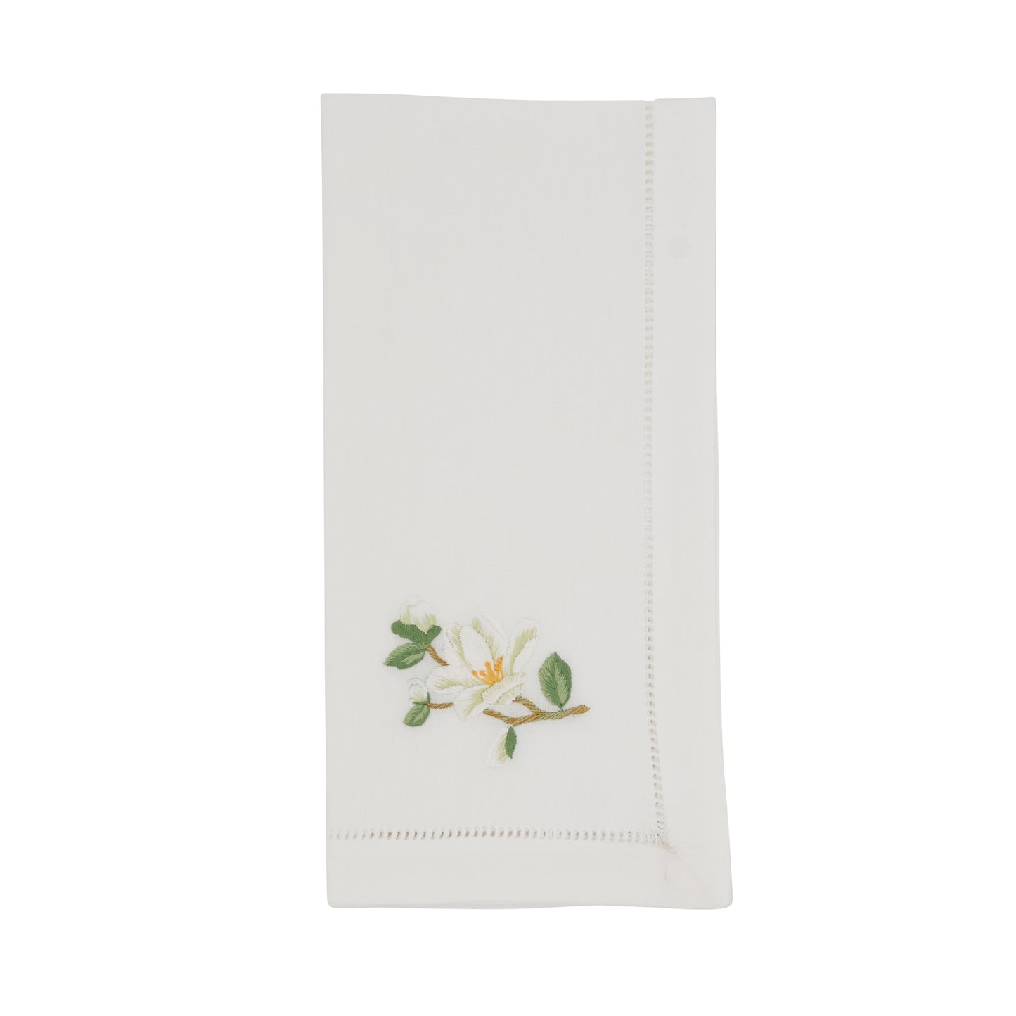 White Embroidered Magnolia Hemstitch Napkins 100% cotton, 20 Inch Square (6 pcs.)