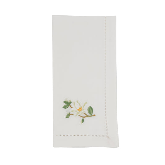 White Embroidered Magnolia Hemstitch Napkins 100% cotton, 20 Inch Square (6 pcs.)