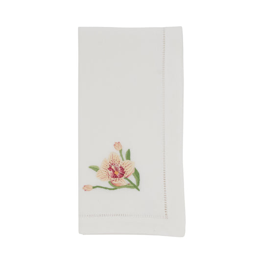White Embroidered Pink Orchid Hemstitch Napkins 100% cotton, 20 Inch Square (6 pcs.)