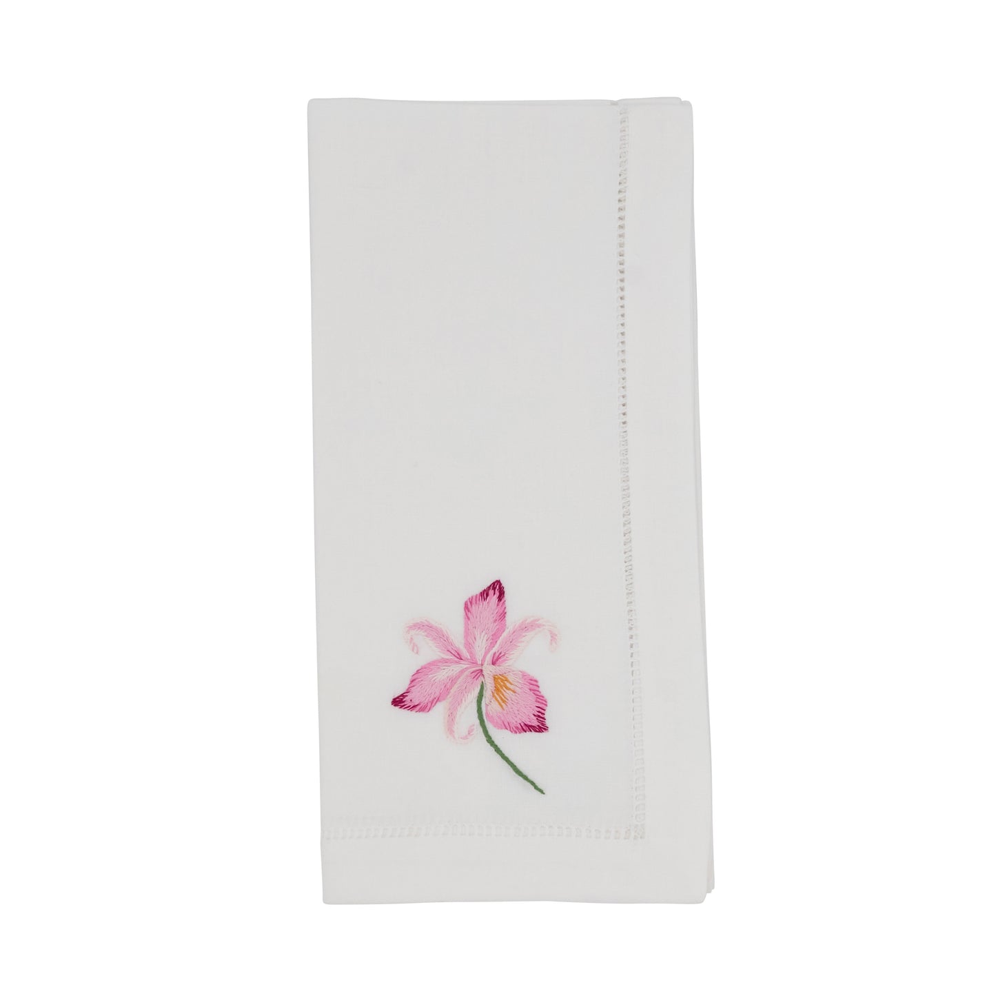 White Embroidered Fuchsia Orchid Hemstitch Napkins 100% cotton, 20 Inch Square (6 pcs.)