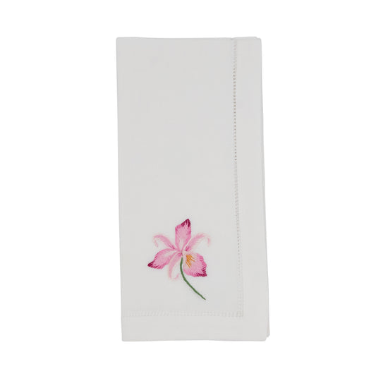 White Embroidered Fuchsia Orchid Hemstitch Napkins 100% cotton, 20 Inch Square (6 pcs.)