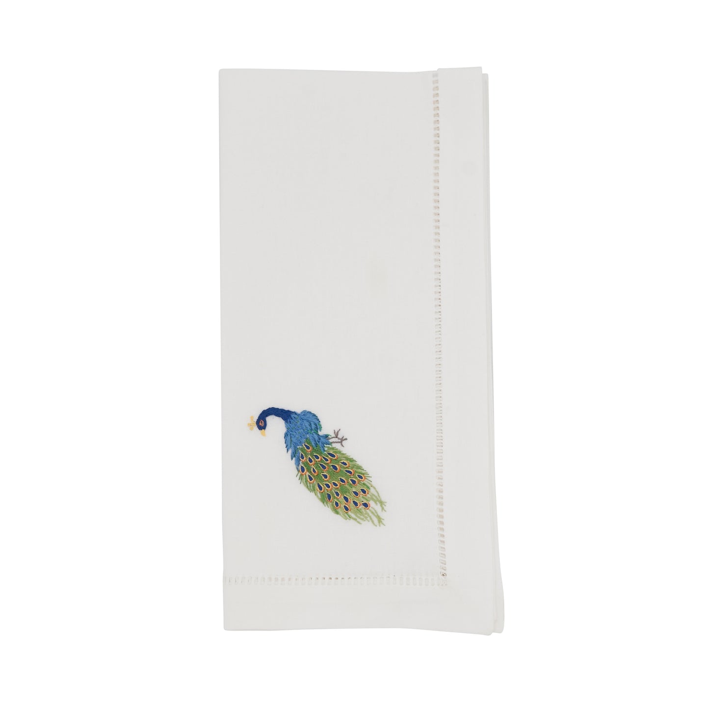 White Embroidered Peacock Hemstitch Napkins 100% cotton, 20 Inch Square (6 pcs.)