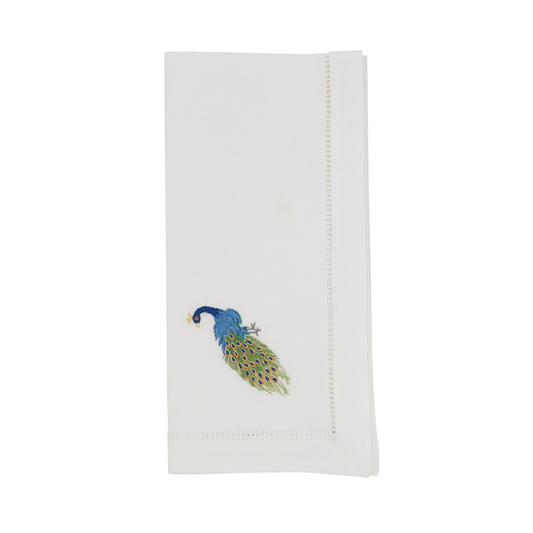 White Embroidered Peacock Hemstitch Napkins 100% cotton, 20 Inch Square (6 pcs.)