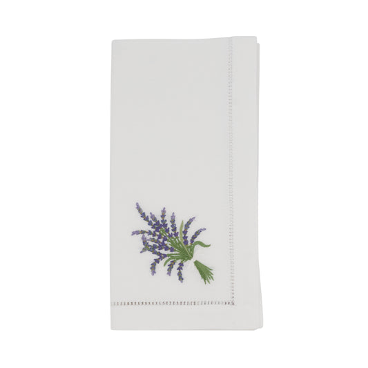 White Embroidered Lavender Hemstitch Napkins 100% cotton, 20 Inch Square (6 pcs.)