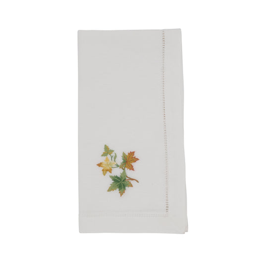 White Embroidered Fall Leaf Hemstitch Napkins 100% cotton, 20 Inch Square (6 pcs.)