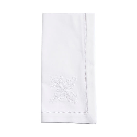 White Embroidered Ornament Hemstitch Napkins 100% cotton, 20 Inch Square (6 pcs.)
