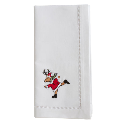 White Embroidered Reindeer Napkins 100% cotton, 20 Inch Square (6 pcs.)