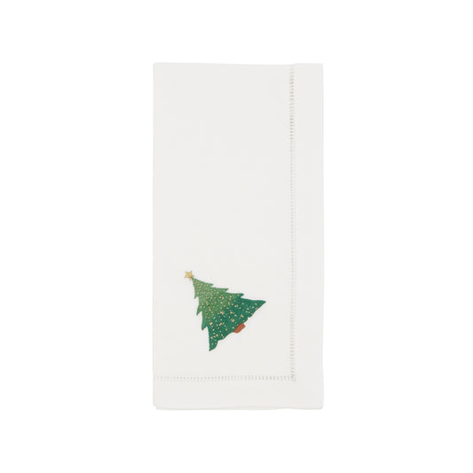 White Embroidered Christmas Tree Napkins 100% cotton, 20 Inch Square (6 pcs.)
