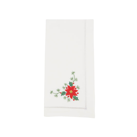 White Embroidered Poinsettia Napkins 100% cotton, 20 Inch Square (6 pcs.)
