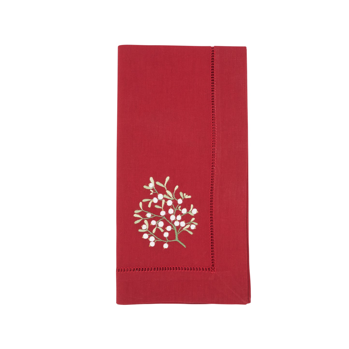 Red Embroidered Mistletoe Hemstitch Napkins 100% cotton, 20 Inch Square (6 pcs.)