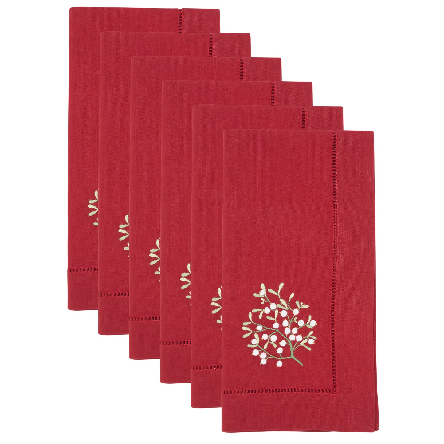 Red Embroidered Mistletoe Hemstitch Napkins 100% cotton, 20 Inch Square (6 pcs.)