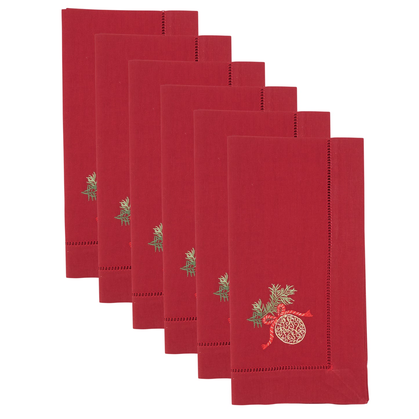 Red Embroidered Ornament Hemstitch Napkins 100% cotton, 20 Inch Square (6 pcs.)
