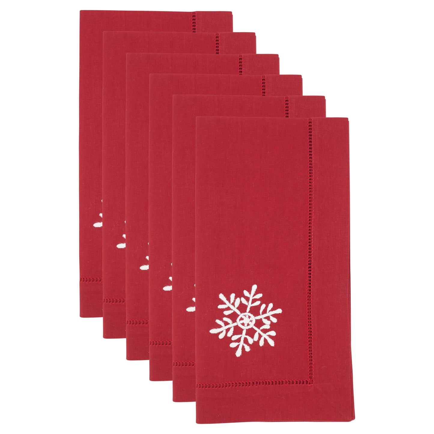 Red Embroidered Snowflake Hemstitch Napkins 100% cotton, 20 Inch Square (6 pcs.)