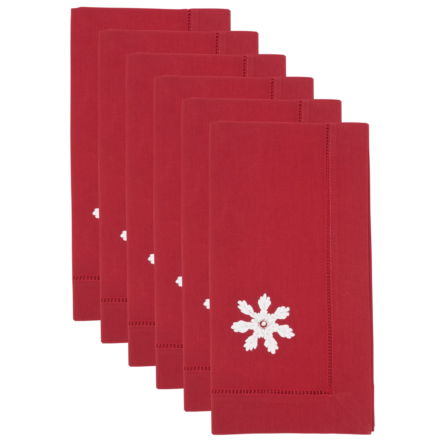 Red Embroidered Snowflake Hemstitch Napkins 100% cotton, 20 Inch Square (6 pcs.)