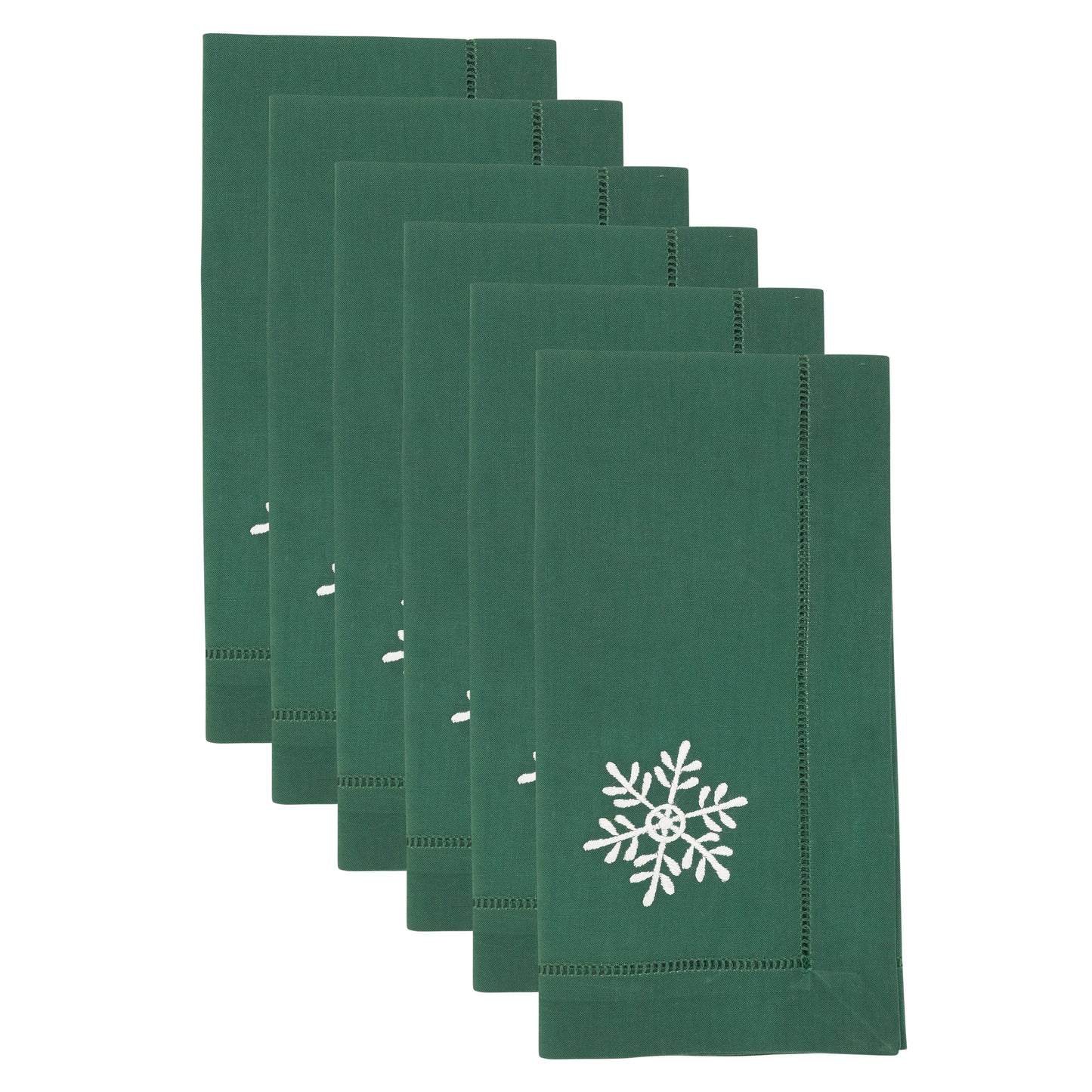 Jasper Green Embroidered Snowflake Hemstitch Napkins 100% cotton, 20 Inch Square (6 pcs.)