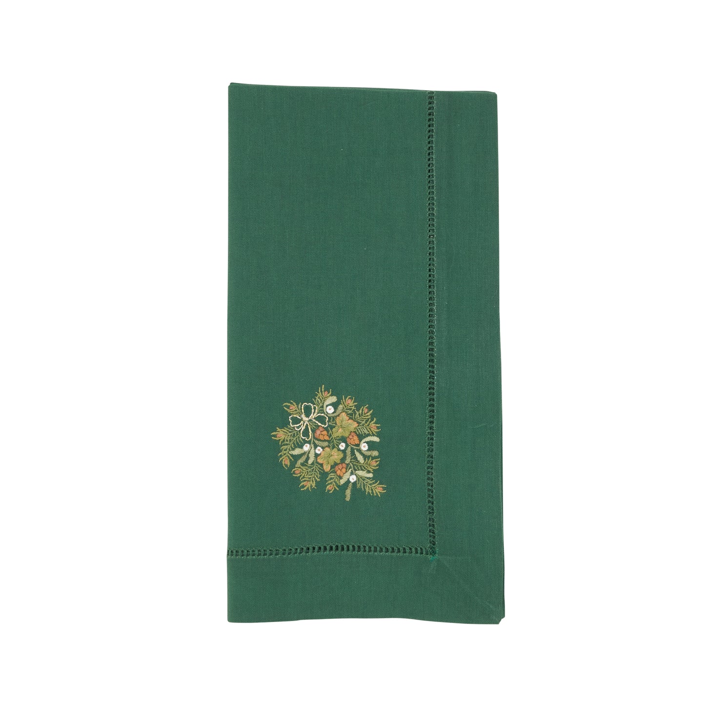 Jasper Green Embroidered Pine Branch Hemstitch Napkins 100% cotton, 20 Inch Square (6 pcs.)
