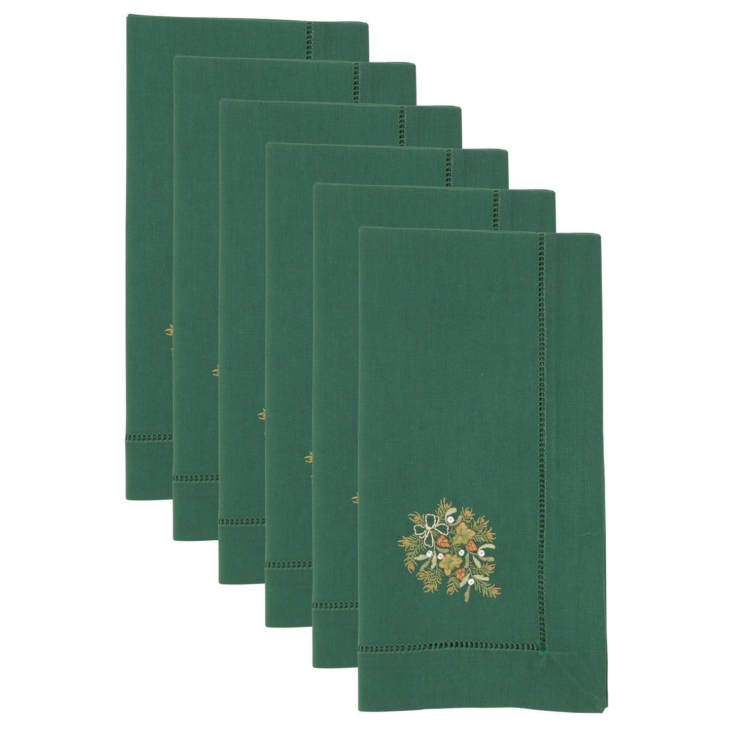 Jasper Green Embroidered Pine Branch Hemstitch Napkins 100% cotton, 20 Inch Square (6 pcs.)