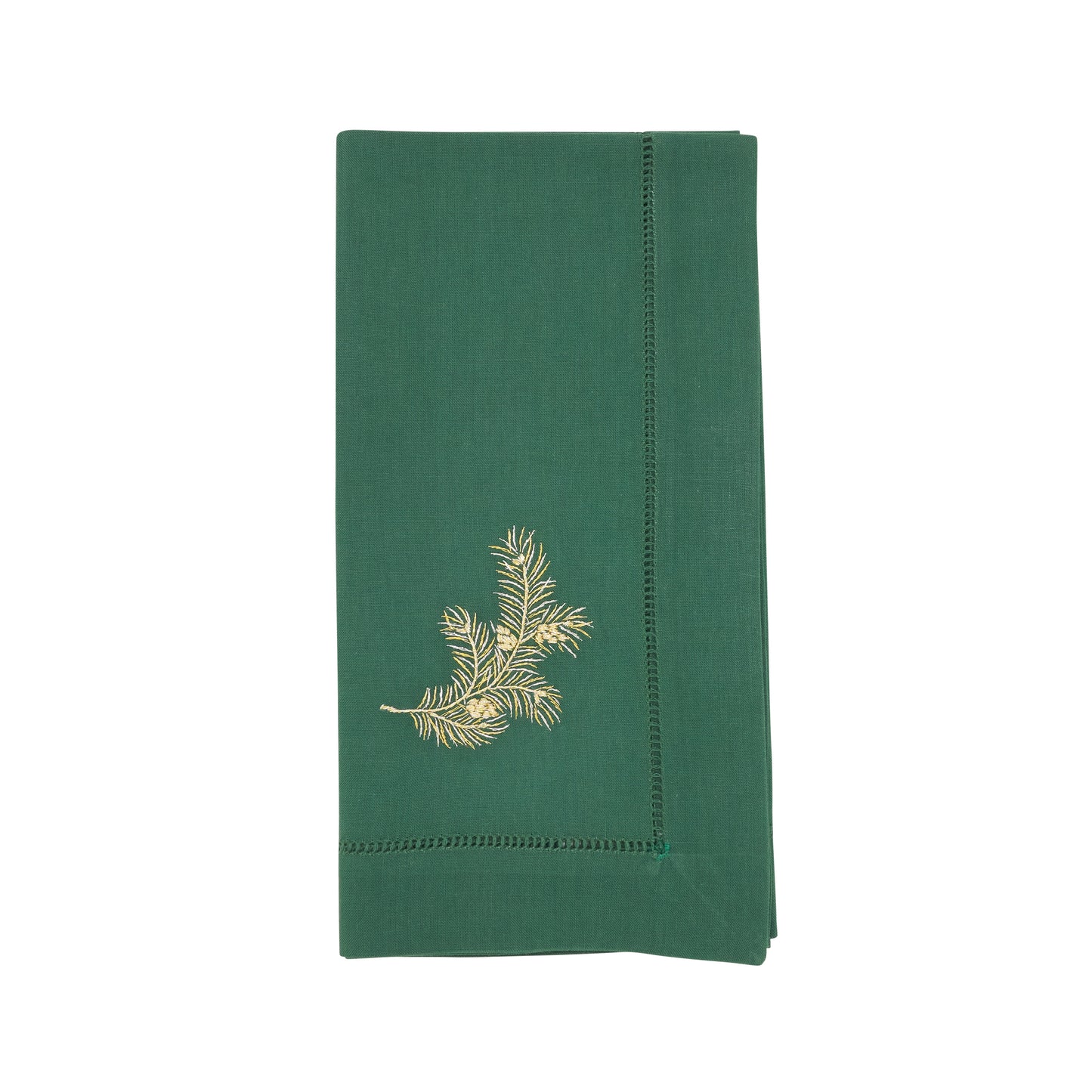Jasper Green Embroidered Pine Needle Hemstitch Napkins 100% cotton, 20 Inch Square (6 pcs.)