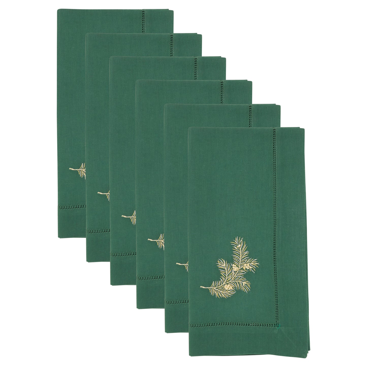 Jasper Green Embroidered Pine Needle Hemstitch Napkins 100% cotton, 20 Inch Square (6 pcs.)