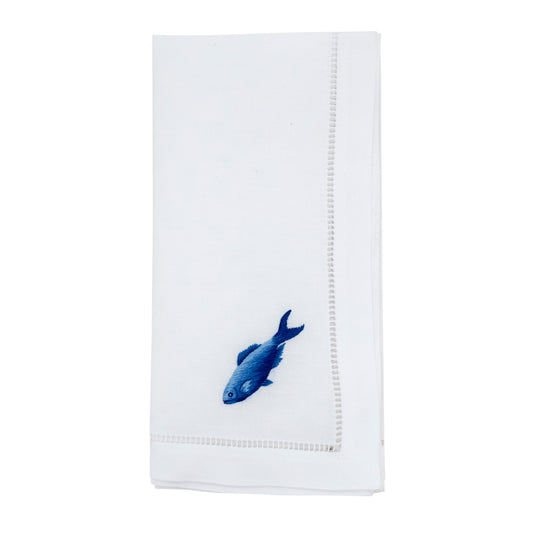 White Embroidered Fish Hemstitch Napkins 100% cotton, 20 Inch Square (6 pcs.)