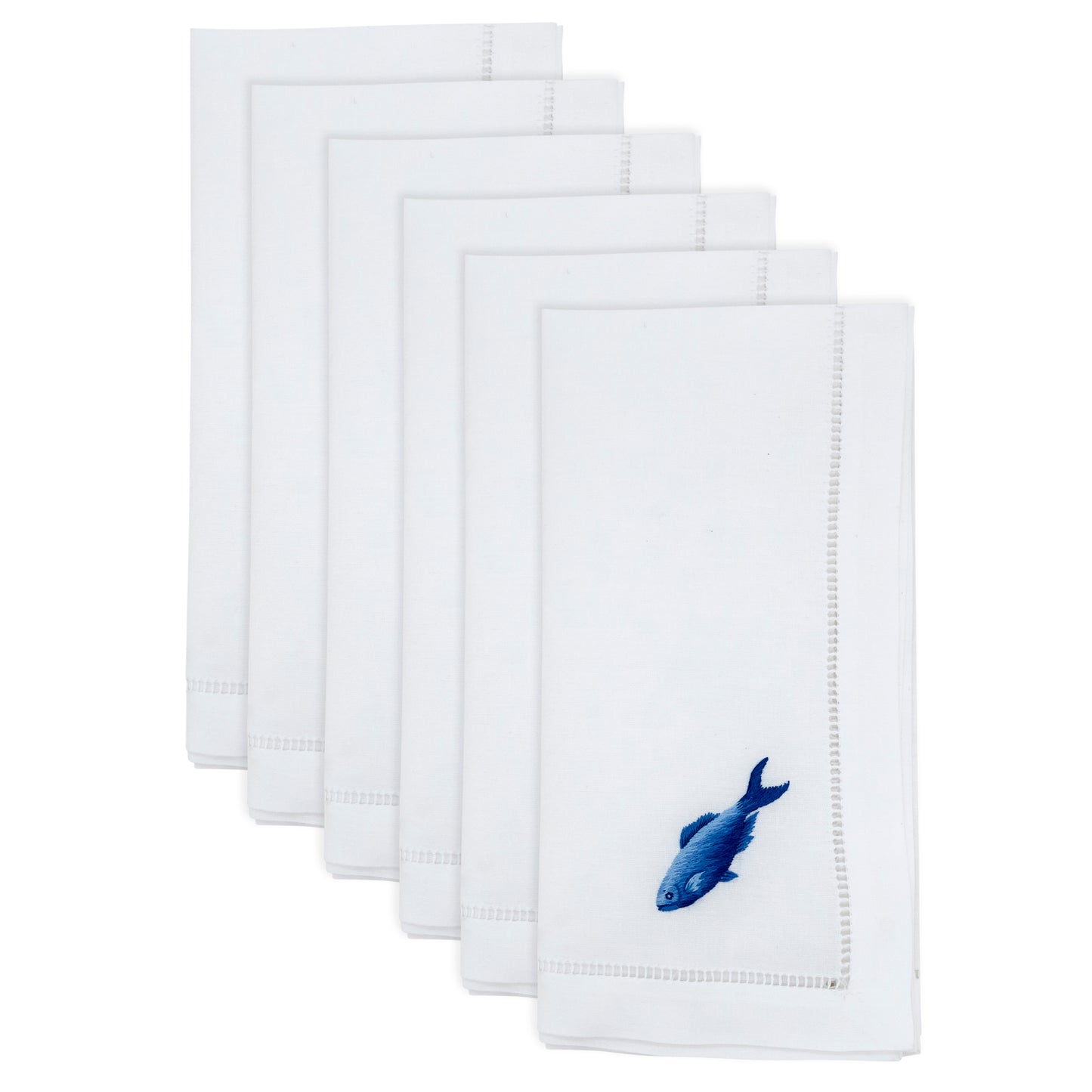 White Embroidered Fish Hemstitch Napkins 100% cotton, 20 Inch Square (6 pcs.)