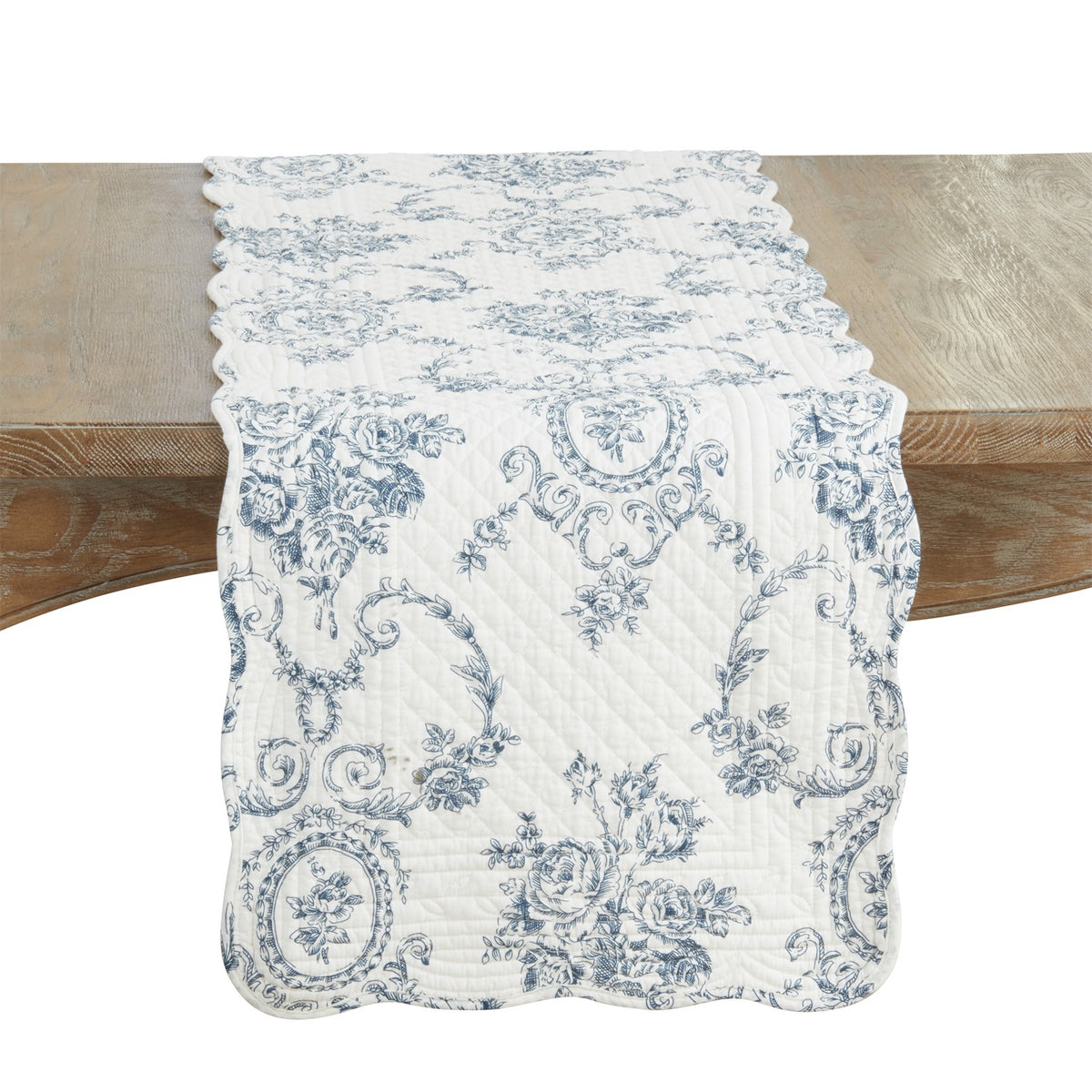Everyday / All Season Indigo Blue Quilted Toile Floral Table Runner, 100% cotton