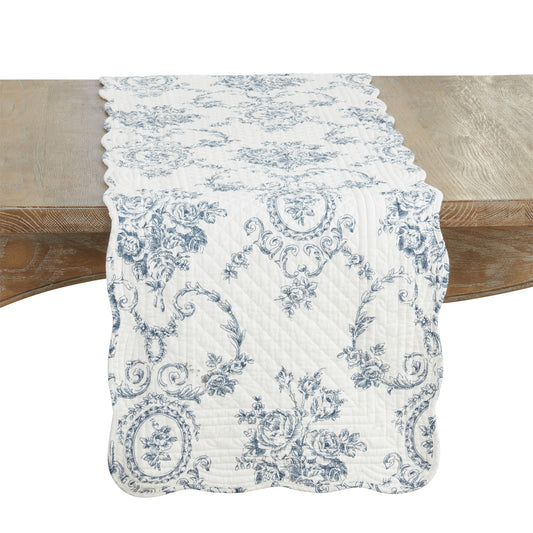 Everyday / All Season Indigo Blue Quilted Toile Floral Table Runner, 100% cotton