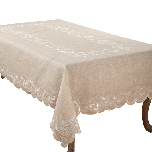 Natural Beige  Embroidered Design Tablecloth  75% polyester - 25% linen