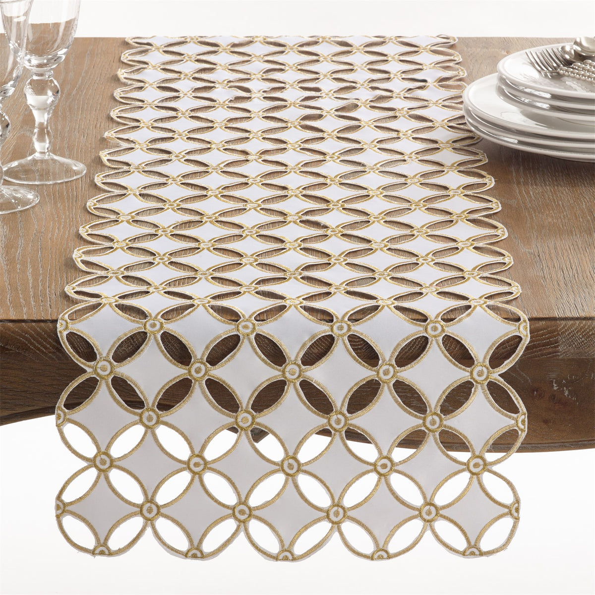 Everyday / All Season Gold Cutwork Design Table Runner, 100% Polyester