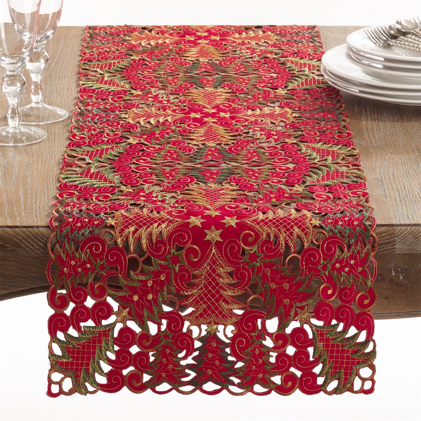 Christmas Red Xmas Tree Cutwork Table Runner, 100% Polyester