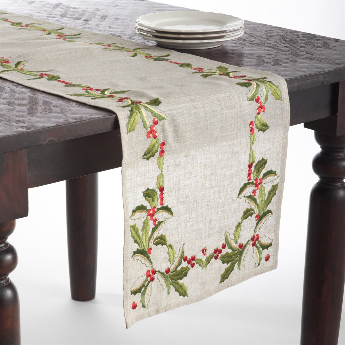 Christmas Natural Beige Embroidered Holly Design Table Runner, 75% polyester - 25% linen