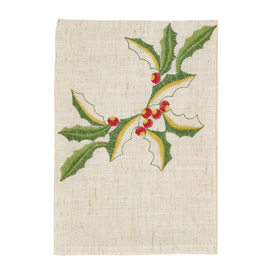 Natural Embroidered Holly Design Napkins 75% polyester - 25% linen, 20 Inch Square (4 pcs.)
