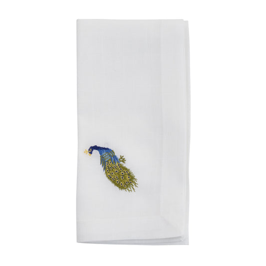 White Embroidered Peacock Napkins 100% Polyester, 20 Inch Square (4 pcs.)