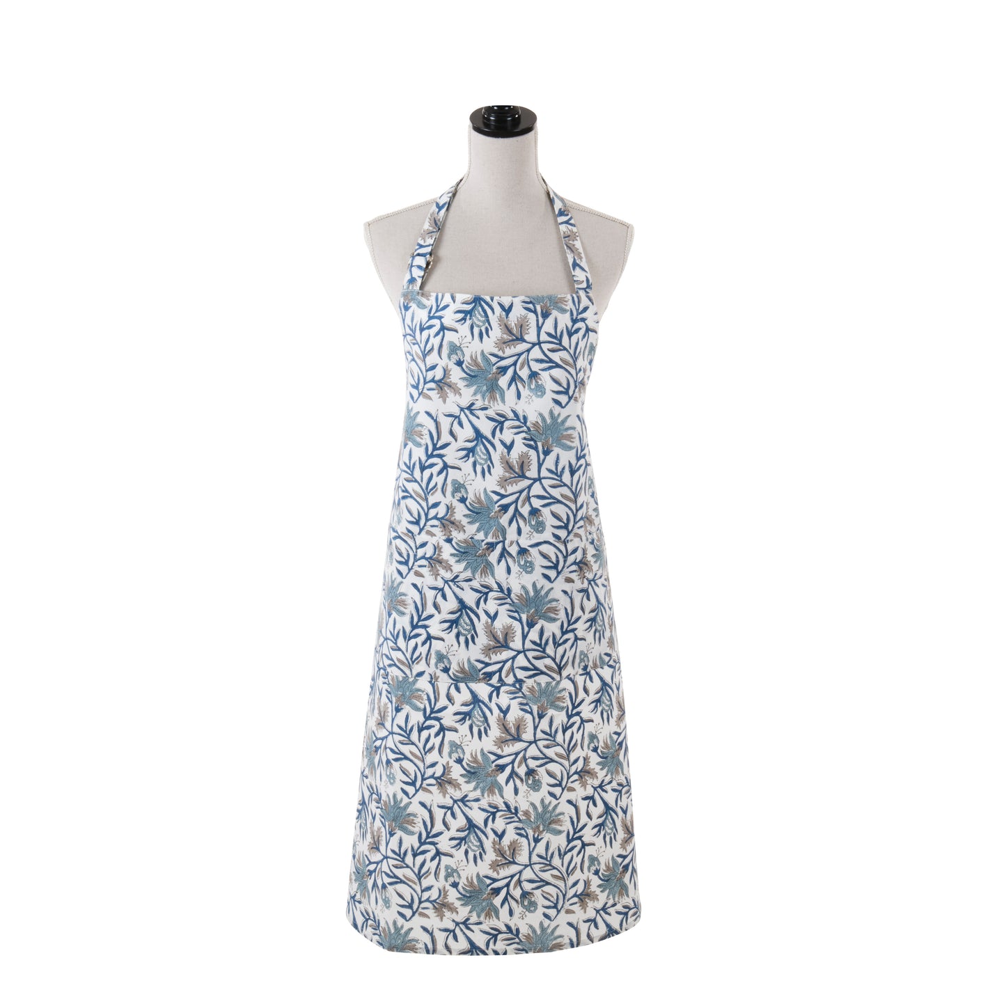 Blue-and-Sage Botanical Vine Hand Block Print Apron 100% cotton Size: 32" x 36"