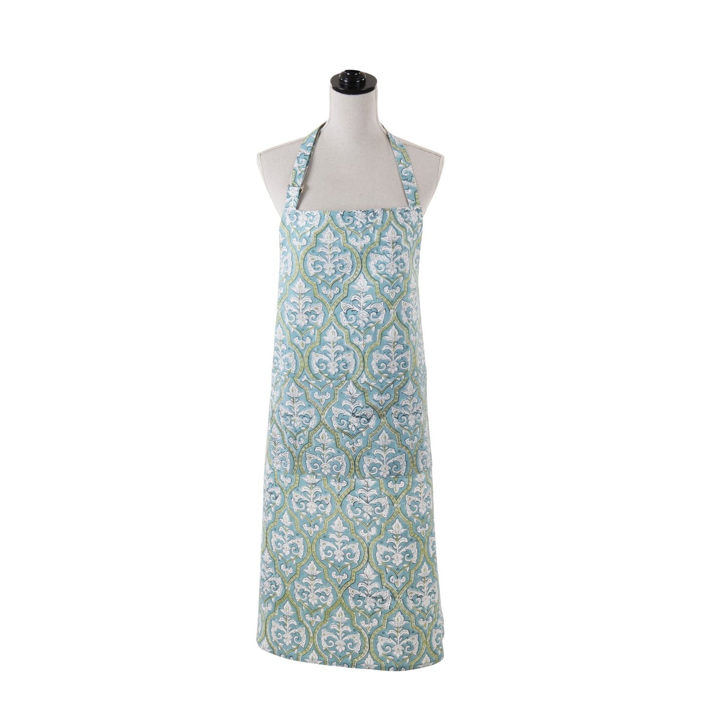 Aqua Blue ornate damask / Moroccan-inspired trellis Hand Block Print Apron 100% cotton Size: 32" x 36"