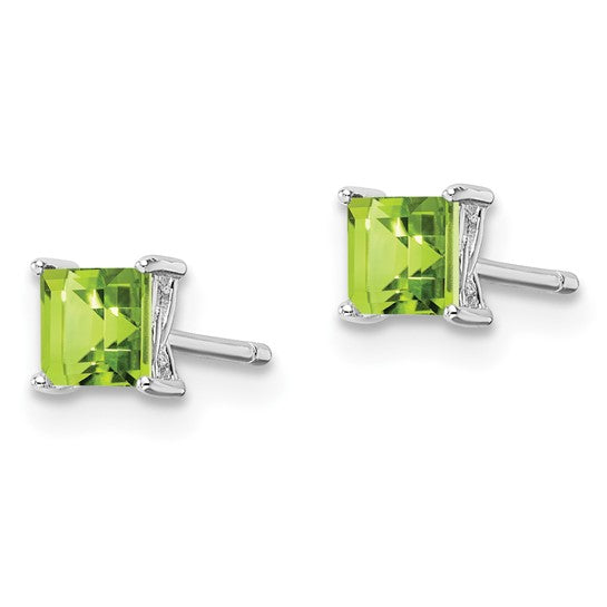925 Sterling Silver 4mm Princess Peridot Post Earrings, 5mm x 5mm