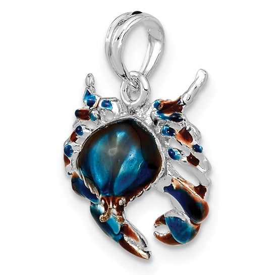 Million Charms 925 Sterling Silver Charm Pendant, Stone Crab Facing Down with Blue Enamel, 2-D, High Polish