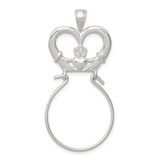 925 Sterling Silver Polished Claddagh Hands Heart Crown Charm Holder