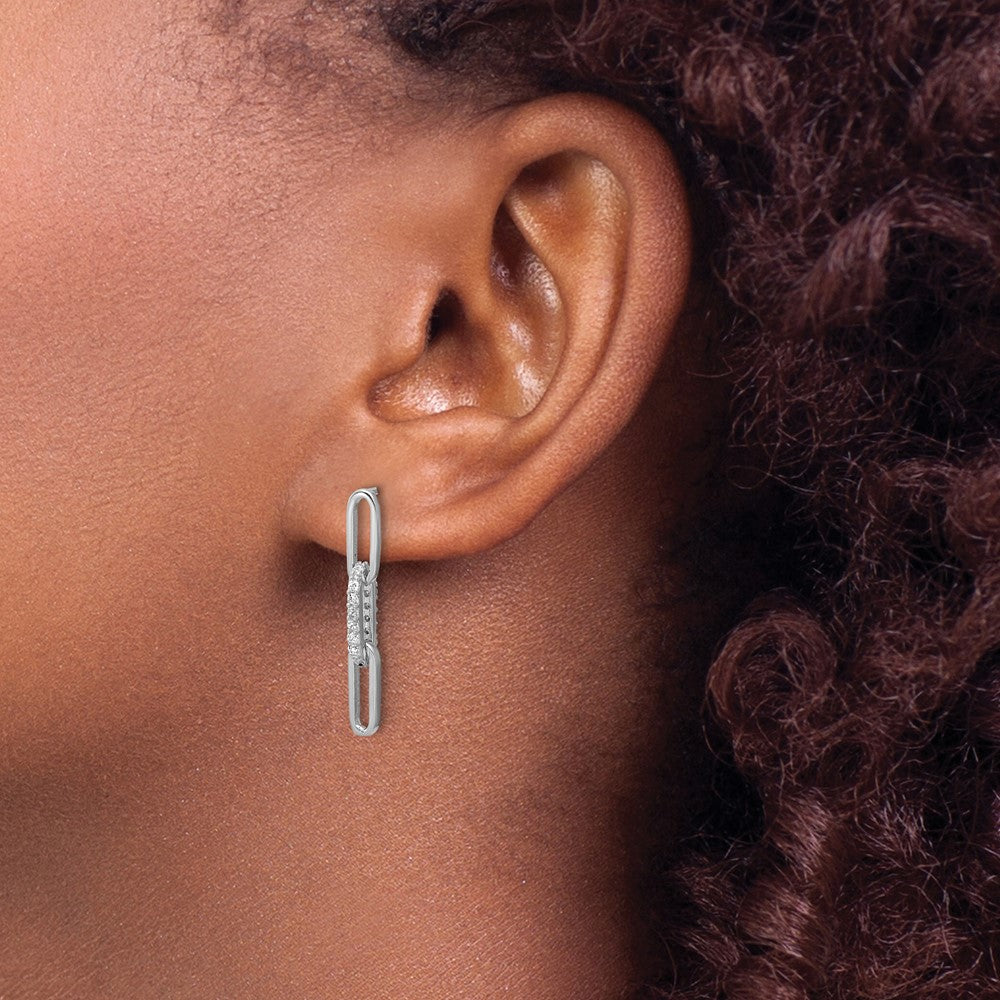 925 Sterling Silver RH Polished CZ Paperclip Link Post Dangle Earrings