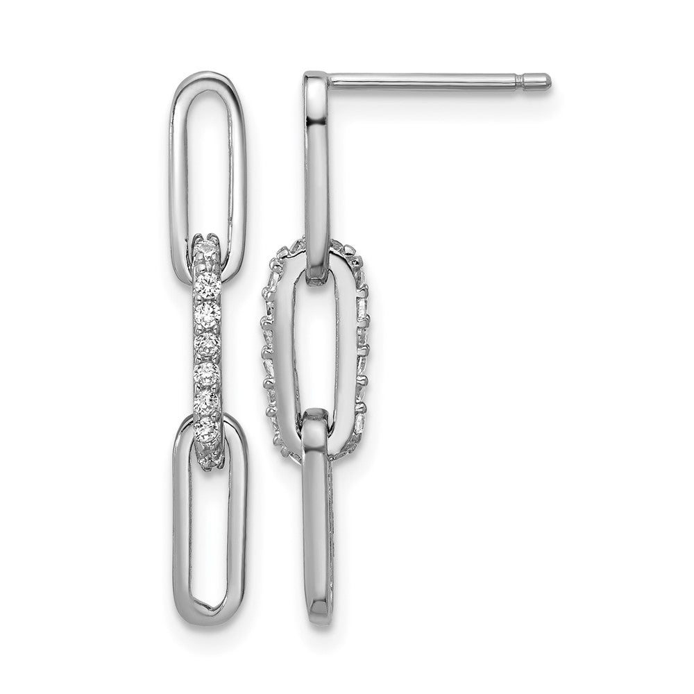 925 Sterling Silver RH Polished CZ Paperclip Link Post Dangle Earrings