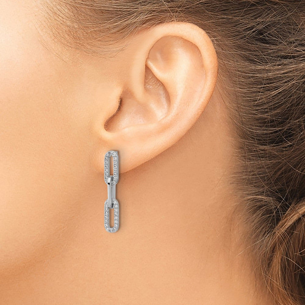 925 Sterling Silver RH Polished CZ Paperclip Link Post Dangle Earrings